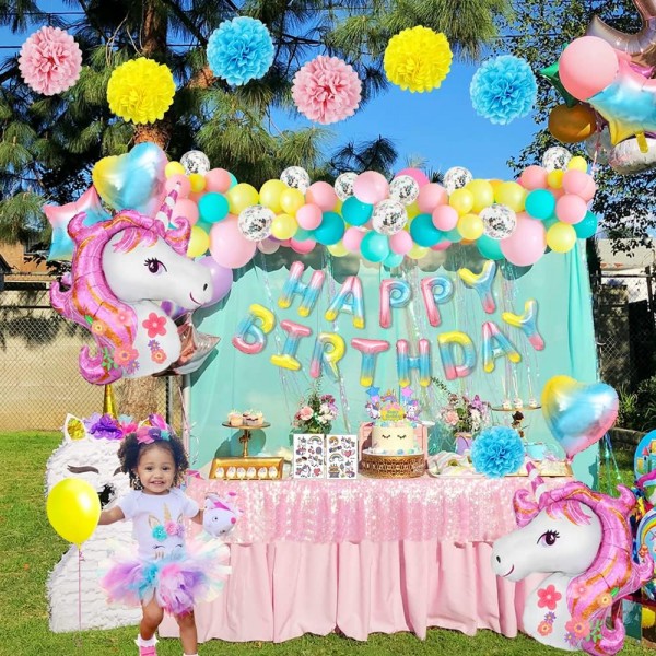 유니콘 생일 장식, 소녀를위한 유니콘 파티 장식, 3D 유니콘 풍선 생일 축하 배너 라텍스 색종이 풍선 케이크 토퍼 호일 풍선 1st 2nd 3rd 5th 6th Girls Baby Birthday