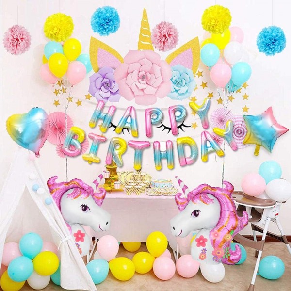 유니콘 생일 장식, 소녀를위한 유니콘 파티 장식, 3D 유니콘 풍선 생일 축하 배너 라텍스 색종이 풍선 케이크 토퍼 호일 풍선 1st 2nd 3rd 5th 6th Girls Baby Birthday