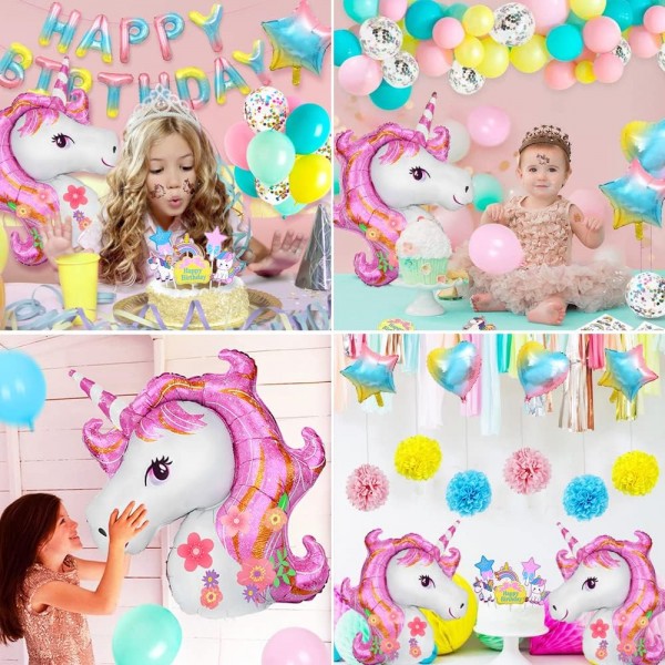 유니콘 생일 장식, 소녀를위한 유니콘 파티 장식, 3D 유니콘 풍선 생일 축하 배너 라텍스 색종이 풍선 케이크 토퍼 호일 풍선 1st 2nd 3rd 5th 6th Girls Baby Birthday