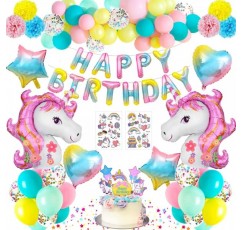 유니콘 생일 장식, 소녀를위한 유니콘 파티 장식, 3D 유니콘 풍선 생일 축하 배너 라텍스 색종이 풍선 케이크 토퍼 호일 풍선 1st 2nd 3rd 5th 6th Girls Baby Birthday