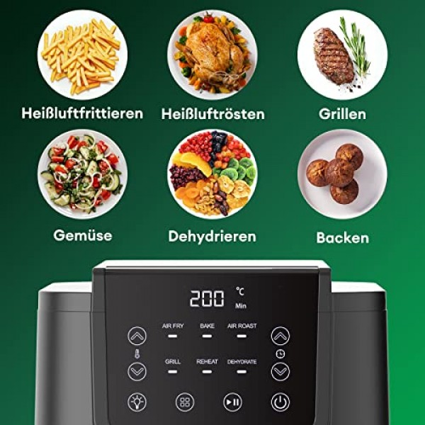 CHEFREE AFW01 핫 에어 프라이어, 4-6인분용 5L 제품군 형식, 보기 창 서랍, 6-in-1 멀티쿠커, 최대 200°C, 로스팅, 그릴링, 베이킹, 토스트, 튀김, 오일 프리, 1500W, 55dB, 블랙