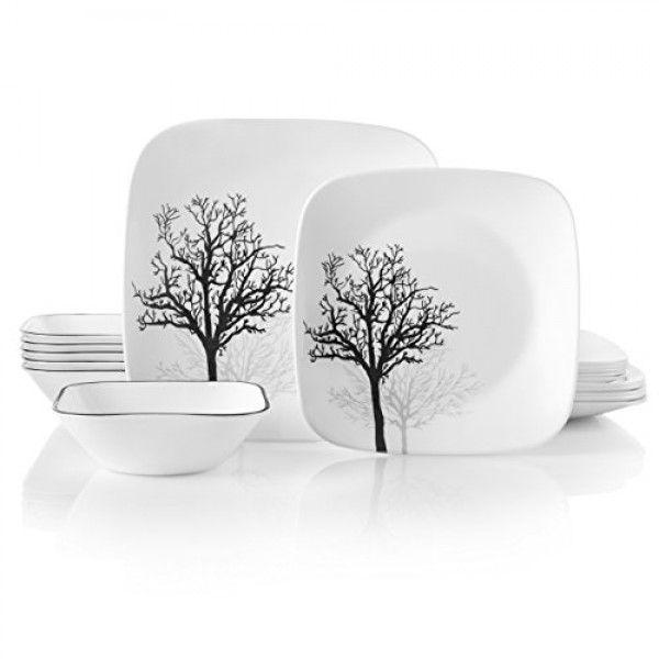 Corelle Vitrelle 6개 식기 세트용 18피스 서비스, 삼중 유리 및 칩 방지, 경량 사각 접시 및 그릇 세트, 목재 섀도우