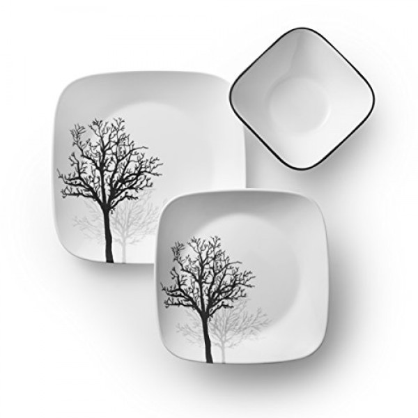 Corelle Vitrelle 6개 식기 세트용 18피스 서비스, 삼중 유리 및 칩 방지, 경량 사각 접시 및 그릇 세트, 목재 섀도우