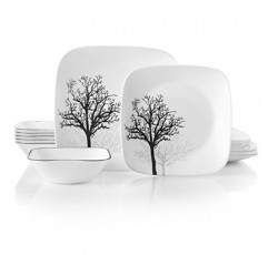 Corelle Vitrelle 6개 식기 세트용 18피스 서비스, 삼중 유리 및 칩 방지, 경량 사각 접시 및 그릇 세트, 목재 섀도우