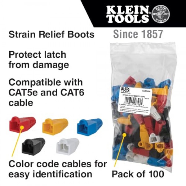 Klein Tools VDV824-650 CAT6 /CAT5e 데이터 이더넷 네트워크 RJ45 종단 스트레인 릴리프 부츠, 래치 보호, 색상 코드 100팩