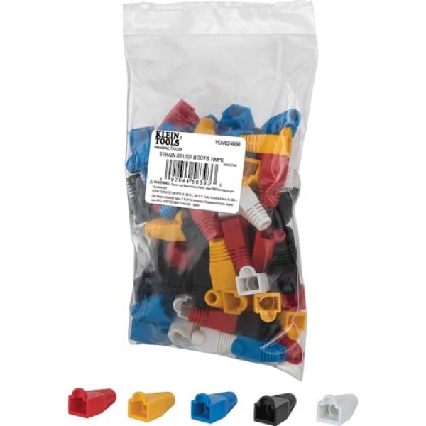 Klein Tools VDV824-650 CAT6 /CAT5e 데이터 이더넷 네트워크 RJ45 종단 스트레인 릴리프 부츠, 래치 보호, 색상 코드 100팩