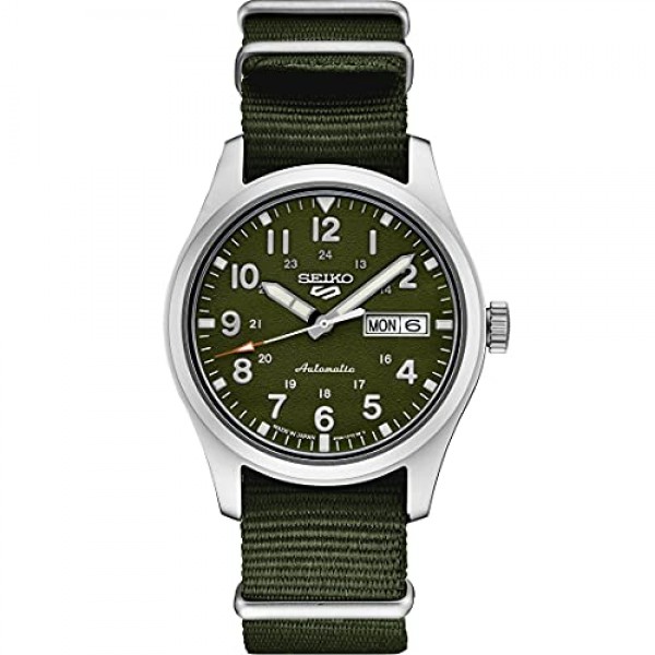 남성용 SEIKO SRPG33 시계 - 5가지 스포츠 - 수동 와인딩 무브먼트가 포함된 자동, 그린 다이얼, 스테인레스 스틸 케이스, 그린 나일론 스트랩, 100m 방수 및 요일/날짜 표시