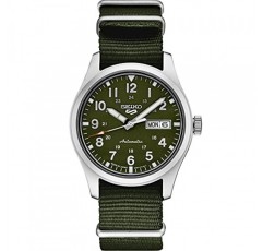 남성용 SEIKO SRPG33 시계 - 5가지 스포츠 - 수동 와인딩 무브먼트가 포함된 자동, 그린 다이얼, 스테인레스 스틸 케이스, 그린 나일론 스트랩, 100m 방수 및 요일/날짜 표시