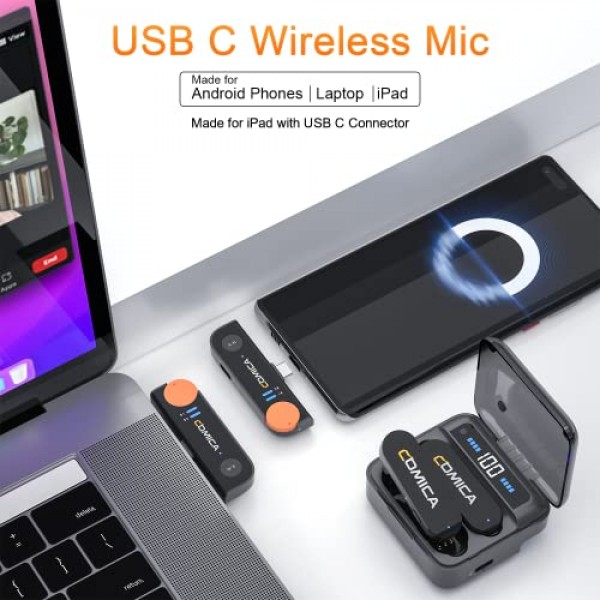 comica Vimo-S UC USB-C 안드로이드 스마트폰용 2.4GHz 라발리에 무선 마이크, 충전 박스 포함, 200m 전송, 휴대폰 인터뷰/YouTube/TikTok/Live용 라펠 마이크 플러그 앤 플레이