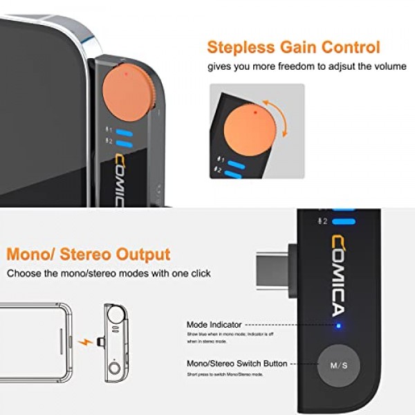 comica Vimo-S UC USB-C 안드로이드 스마트폰용 2.4GHz 라발리에 무선 마이크, 충전 박스 포함, 200m 전송, 휴대폰 인터뷰/YouTube/TikTok/Live용 라펠 마이크 플러그 앤 플레이