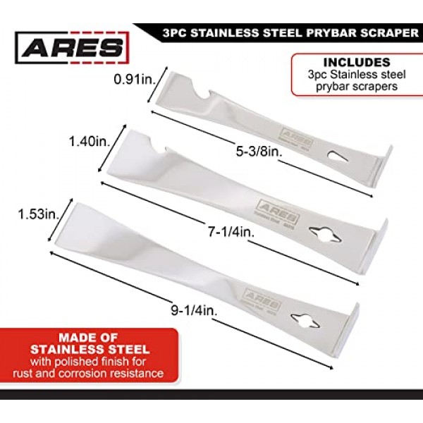 ARES 46019-3피스 스테인레스 스틸 프라이바 스크레이퍼 세트 - 매우 날카로운 스크레이퍼로 강철, 알루미늄 등에서 잔류물 제거 - 프라이바 엔드로 추가 활용 제공 - 네