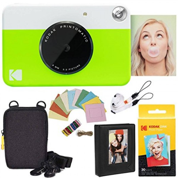 Kodak Printomatic 즉석 카메라 번들(녹색) 징크 페이퍼(20매) - 케이스 - 사진 앨범 - 걸이용 액자.