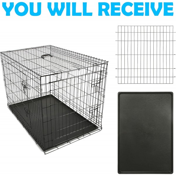 PAWOLOGY Wire Dog Crate 대형 42인치 디바이더 이중 도어 헤비 듀티 접을 수 있고 휴대할 수 있는 이동식 트레이가 있는 접을 수 있는 금속 오두막 실내 실외 42인치