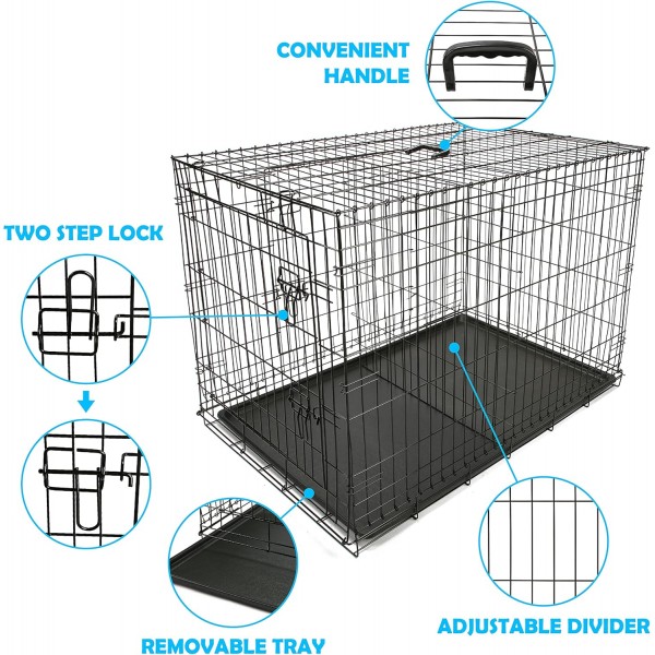 PAWOLOGY Wire Dog Crate 대형 42인치 디바이더 이중 도어 헤비 듀티 접을 수 있고 휴대할 수 있는 이동식 트레이가 있는 접을 수 있는 금속 오두막 실내 실외 42인치
