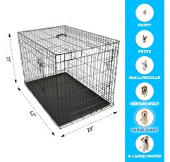 PAWOLOGY Wire Dog Crate 대형 42인치 디바이더 이중 도어 헤비 듀티 접을 수 있고 휴대할 수 있는 이동식 트레이가 있는 접을 수 있는 금속 오두막 실내 실외 42인치