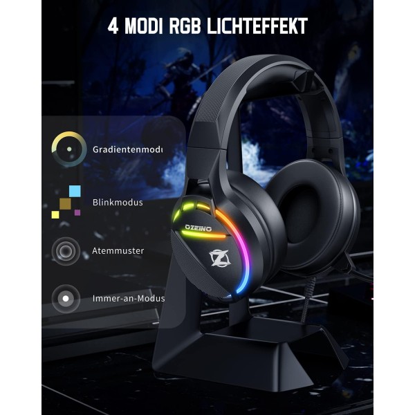 Ozeino 게임용 헤드셋 PC PS4 3D 서라운드 사운드 PS5 Mac Xbox One 스위치용 마이크 RGB 라이트가 있는 가볍고 편안한 O-트랙 소음 차단 헤드폰