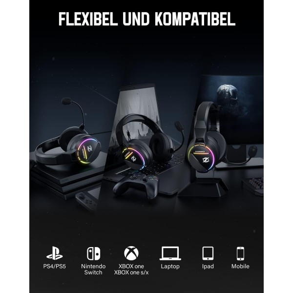 Ozeino 게임용 헤드셋 PC PS4 3D 서라운드 사운드 PS5 Mac Xbox One 스위치용 마이크 RGB 라이트가 있는 가볍고 편안한 O-트랙 소음 차단 헤드폰