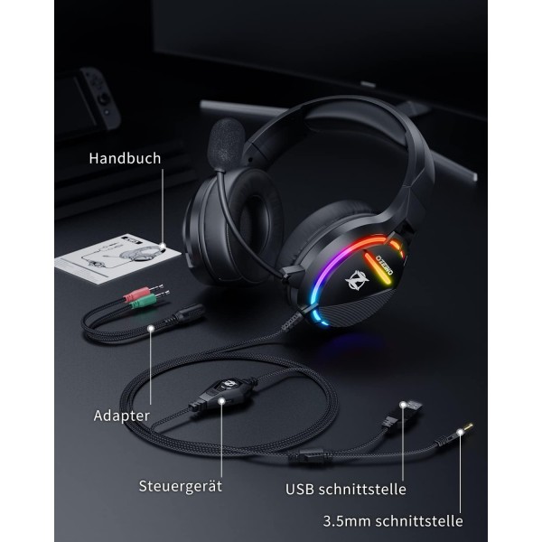 Ozeino 게임용 헤드셋 PC PS4 3D 서라운드 사운드 PS5 Mac Xbox One 스위치용 마이크 RGB 라이트가 있는 가볍고 편안한 O-트랙 소음 차단 헤드폰