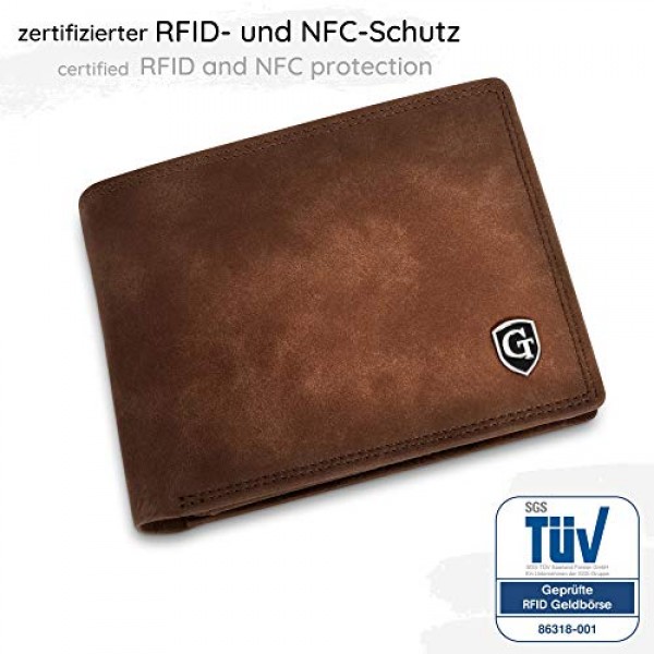 동전 수납 공간이 있는 GenTo Manhattan 대형 지갑, TÜV 테스트를 거친 RFID, NFC 보호, 남성용 및 여성용 넓은 지갑, 선물 상자가 포함된 지갑.