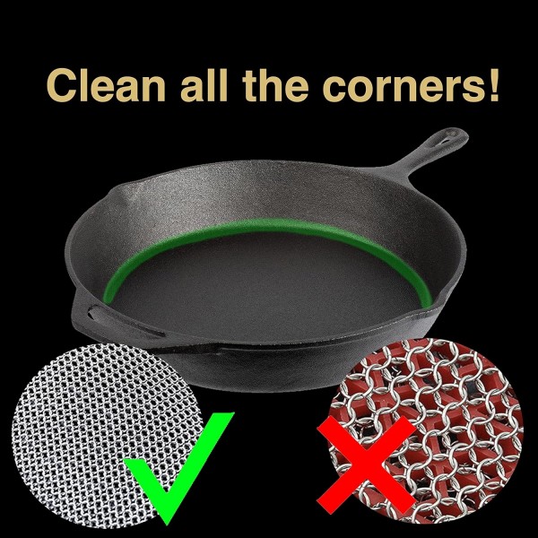 ERGONOW 주철 클리너 Chainmail Scrubber -Fine Ring- 316 스테인레스 스틸 스크러빙 스폰지 프라이팬 - 접시 - 냄비, 바베큐, 접시 (표준), 블랙 용 용접 링이있는 내장 실리콘