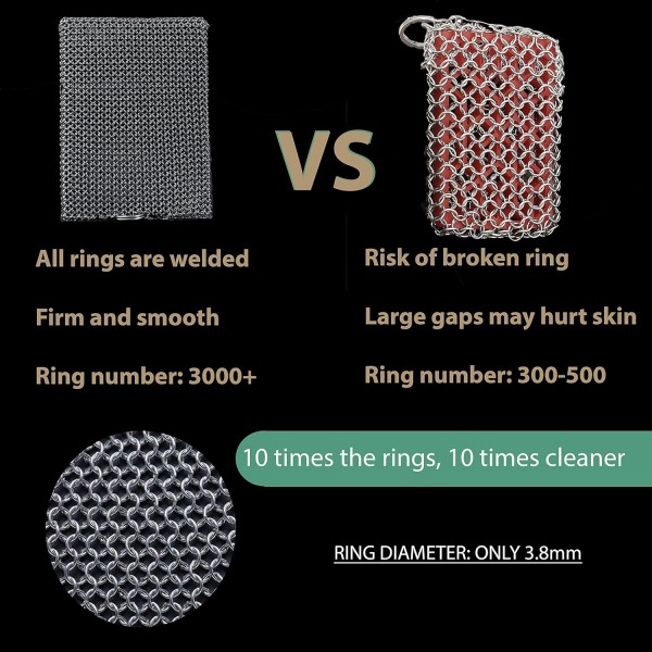 ERGONOW 주철 클리너 Chainmail Scrubber -Fine Ring- 316 스테인레스 스틸 스크러빙 스폰지 프라이팬 - 접시 - 냄비, 바베큐, 접시 (표준), 블랙 용 용접 링이있는 내장 실리콘