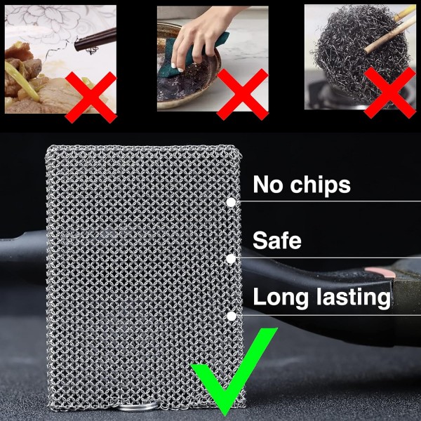 ERGONOW 주철 클리너 Chainmail Scrubber -Fine Ring- 316 스테인레스 스틸 스크러빙 스폰지 프라이팬 - 접시 - 냄비, 바베큐, 접시 (표준), 블랙 용 용접 링이있는 내장 실리콘