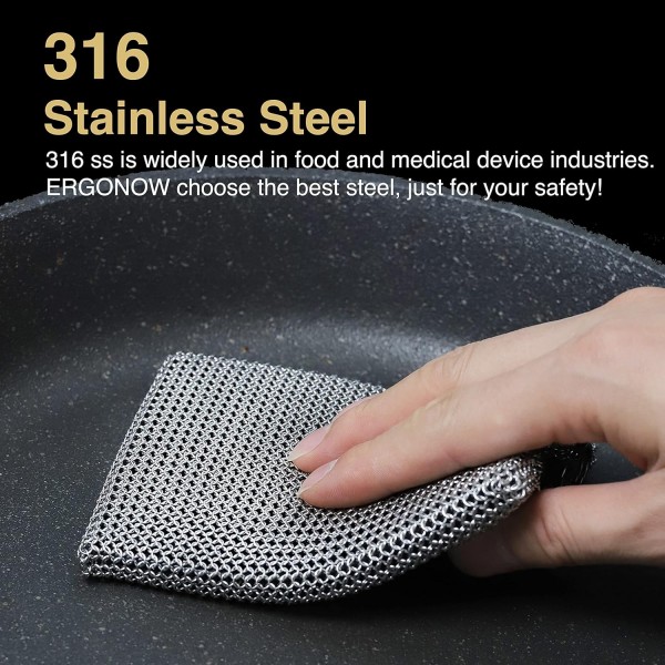 ERGONOW 주철 클리너 Chainmail Scrubber -Fine Ring- 316 스테인레스 스틸 스크러빙 스폰지 프라이팬 - 접시 - 냄비, 바베큐, 접시 (표준), 블랙 용 용접 링이있는 내장 실리콘