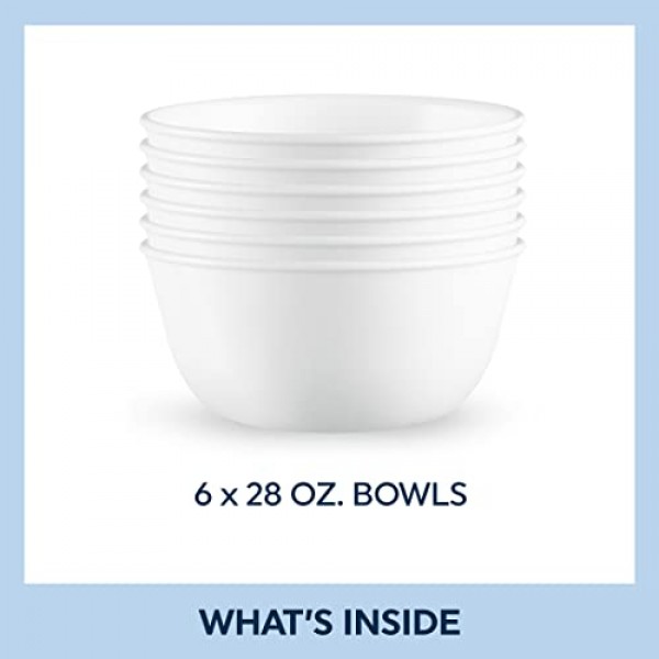 Corelle Vitrelle 28온스 수프/시리얼 그릇 6개 세트, 칩 & 균열 방지 식기류 그릇, 겨울 프로스트 화이트 & 시리얼 그릇 6개 세트 | 겨울 프로스트 화이트 18온스 재사용 가능