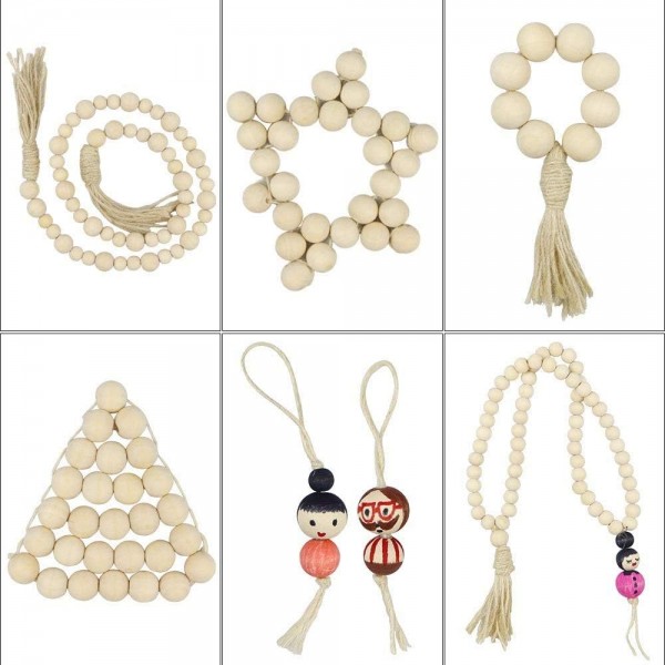 TWSTYFAL 1200pcs 스레딩을 위한 나무 구슬, 구멍이 있는 큰 나무 구슬, 목화 실, 키체인, 스레더 및 가위(자연 색상)가 있는 마크라메 공예용 나무 반지 세트 나무 구슬