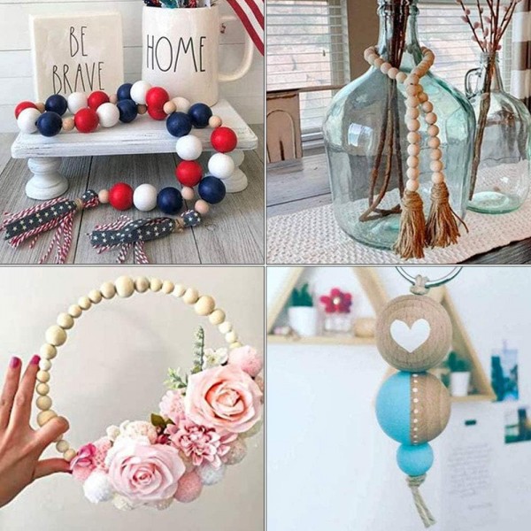 TWSTYFAL 1200pcs 스레딩을 위한 나무 구슬, 구멍이 있는 큰 나무 구슬, 목화 실, 키체인, 스레더 및 가위(자연 색상)가 있는 마크라메 공예용 나무 반지 세트 나무 구슬