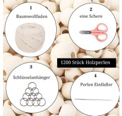 TWSTYFAL 1200pcs 스레딩을 위한 나무 구슬, 구멍이 있는 큰 나무 구슬, 목화 실, 키체인, 스레더 및 가위(자연 색상)가 있는 마크라메 공예용 나무 반지 세트 나무 구슬