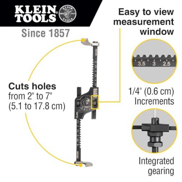 Klein Tools 53710 구멍톱, 먼지통이 있는 조정 가능한 원형 구멍 절단기, 통합 진공 포트, 건식 벽체 및 천장 타일용, 2~7인치