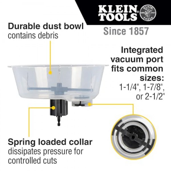 Klein Tools 53710 구멍톱, 먼지통이 있는 조정 가능한 원형 구멍 절단기, 통합 진공 포트, 건식 벽체 및 천장 타일용, 2~7인치