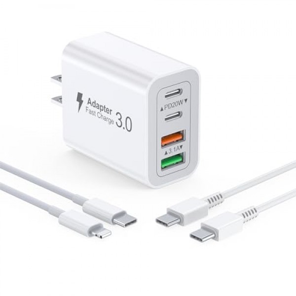 40W USB C 충전기 블록, 4포트 USB C 여행용 충전기 듀얼 포트 PD 전원 어댑터 + QC 벽면 플러그 유형 C 큐브, iPhone 15/14/13/12/11/Pro Max/XS/XR/8, iPad, Samsung, 2팩 6.6피트 케이블이 포