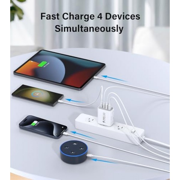 40W USB C 충전기 블록, 4포트 USB C 여행용 충전기 듀얼 포트 PD 전원 어댑터 + QC 벽면 플러그 유형 C 큐브, iPhone 15/14/13/12/11/Pro Max/XS/XR/8, iPad, Samsung, 2팩 6.6피트 케이블이 포
