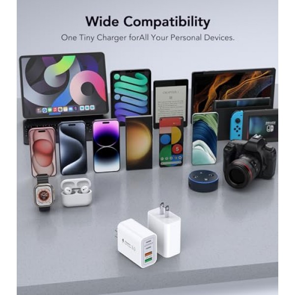 40W USB C 충전기 블록, 4포트 USB C 여행용 충전기 듀얼 포트 PD 전원 어댑터 + QC 벽면 플러그 유형 C 큐브, iPhone 15/14/13/12/11/Pro Max/XS/XR/8, iPad, Samsung, 2팩 6.6피트 케이블이 포