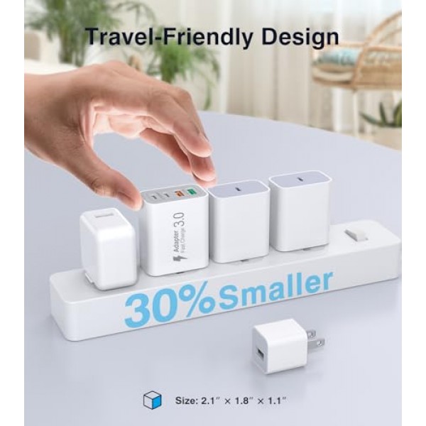 40W USB C 충전기 블록, 4포트 USB C 여행용 충전기 듀얼 포트 PD 전원 어댑터 + QC 벽면 플러그 유형 C 큐브, iPhone 15/14/13/12/11/Pro Max/XS/XR/8, iPad, Samsung, 2팩 6.6피트 케이블이 포