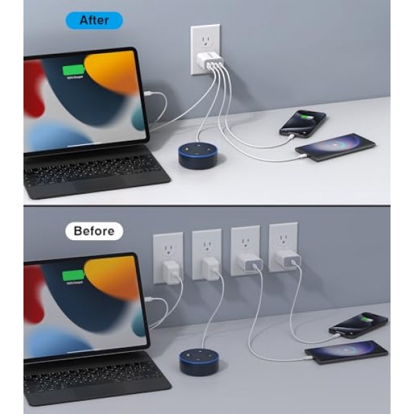 40W USB C 충전기 블록, 4포트 USB C 여행용 충전기 듀얼 포트 PD 전원 어댑터 + QC 벽면 플러그 유형 C 큐브, iPhone 15/14/13/12/11/Pro Max/XS/XR/8, iPad, Samsung, 2팩 6.6피트 케이블이 포