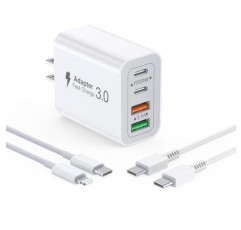 40W USB C 충전기 블록, 4포트 USB C 여행용 충전기 듀얼 포트 PD 전원 어댑터 + QC 벽면 플러그 유형 C 큐브, iPhone 15/14/13/12/11/Pro Max/XS/XR/8, iPad, Samsung, 2팩 6.6피트 케이블이 포