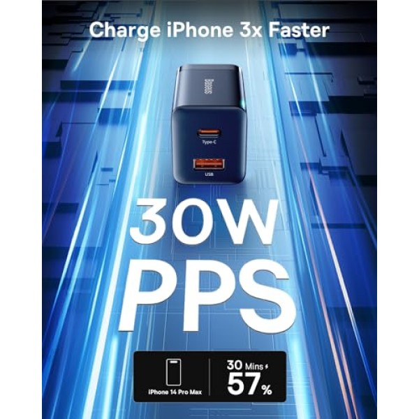 Baseus 30W 듀얼 포트 USB C PD 충전기 블록, iPad Pro/Air/Mini, iPhone 15/15 Pro/15 Pro Max/14/14 Pro/14 Pro /13 Pro/12/SE/11/용 접이식 플러그가 포함된 고속 컴팩트 XR/XS, 삼성, 픽셀 6, 블랙