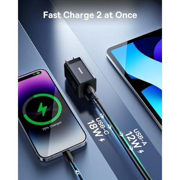 Baseus 30W 듀얼 포트 USB C PD 충전기 블록, iPad Pro/Air/Mini, iPhone 15/15 Pro/15 Pro Max/14/14 Pro/14 Pro /13 Pro/12/SE/11/용 접이식 플러그가 포함된 고속 컴팩트 XR/XS, 삼성, 픽셀 6, 블랙