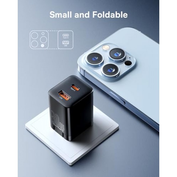 Baseus 30W 듀얼 포트 USB C PD 충전기 블록, iPad Pro/Air/Mini, iPhone 15/15 Pro/15 Pro Max/14/14 Pro/14 Pro /13 Pro/12/SE/11/용 접이식 플러그가 포함된 고속 컴팩트 XR/XS, 삼성, 픽셀 6, 블랙