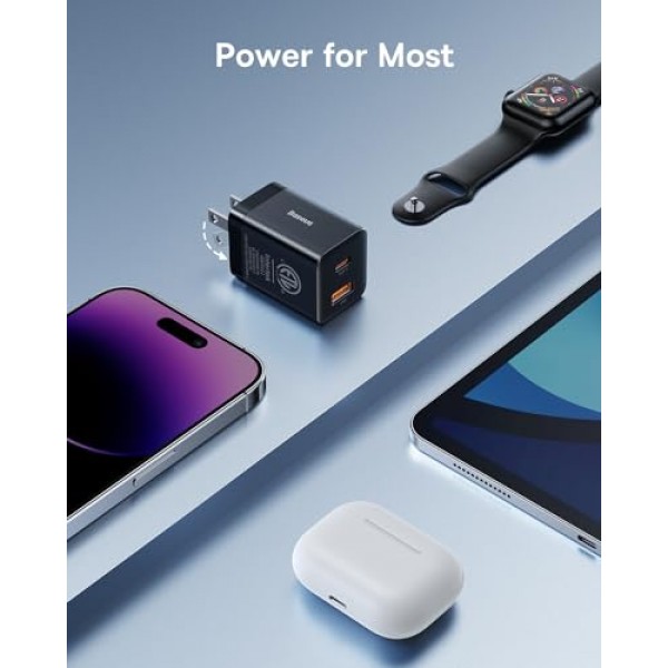 Baseus 30W 듀얼 포트 USB C PD 충전기 블록, iPad Pro/Air/Mini, iPhone 15/15 Pro/15 Pro Max/14/14 Pro/14 Pro /13 Pro/12/SE/11/용 접이식 플러그가 포함된 고속 컴팩트 XR/XS, 삼성, 픽셀 6, 블랙