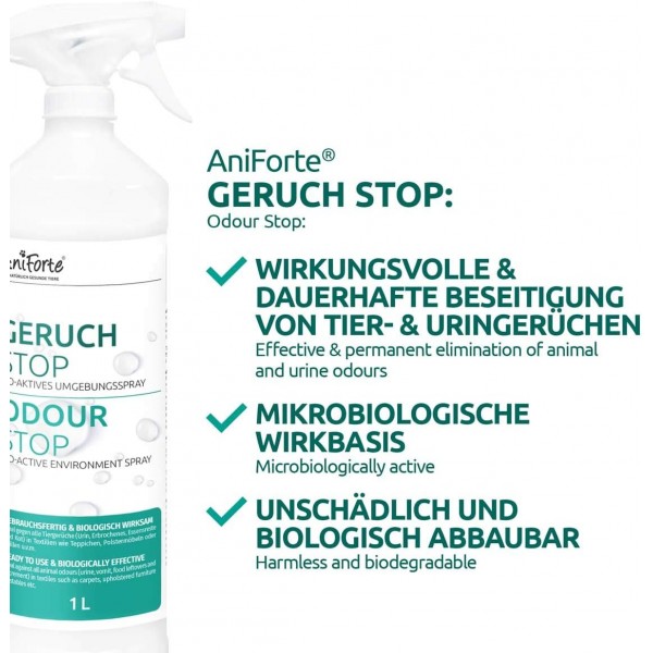 AniForte Odor Stop 1 L - 가정, 자동차 및 동물 환경을 위한 즉시 사용 가능한 환경 스프레이, 고양이 소변, 개 소변, 토사물, 배설물 및 동물 냄새에 대한 냄새 제거 스프레