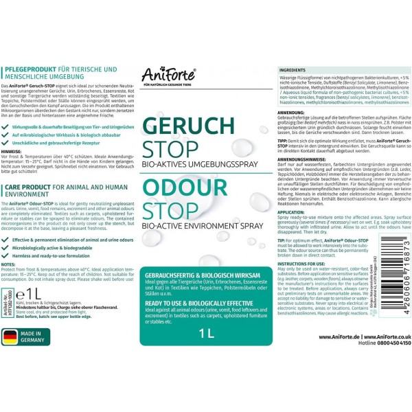 AniForte Odor Stop 1 L - 가정, 자동차 및 동물 환경을 위한 즉시 사용 가능한 환경 스프레이, 고양이 소변, 개 소변, 토사물, 배설물 및 동물 냄새에 대한 냄새 제거 스프레