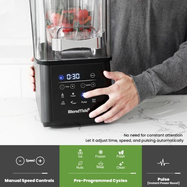 상업용 블렌더, 거품이 덜 나는 1500W 진공 블렌더, 전문가급 저소음 쉴드, 주방 타이머, 9가지 속도, 스무디용 6가지 프로그램, 냉동 음료, 자가 청소, 64온스 대량 생산