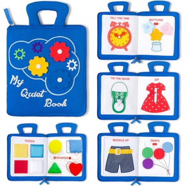 deMoca Quiet Book Montessori Toys for 1 2 3 Years Old - Busy Book 유아용 여행 장난감, 유치원 학습 활동 포함, 9 감각 유아용 교육용 장난감 1-3 소년 소녀용 활동, 파란색