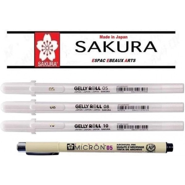 SAKURA Gelly Roll White, Bright White Stifte im Etui, 혼합 크기 05.08.10 Pigma Micron Black 05