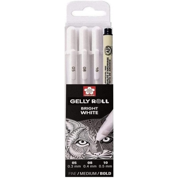SAKURA Gelly Roll White, Bright White Stifte im Etui, 혼합 크기 05.08.10 Pigma Micron Black 05