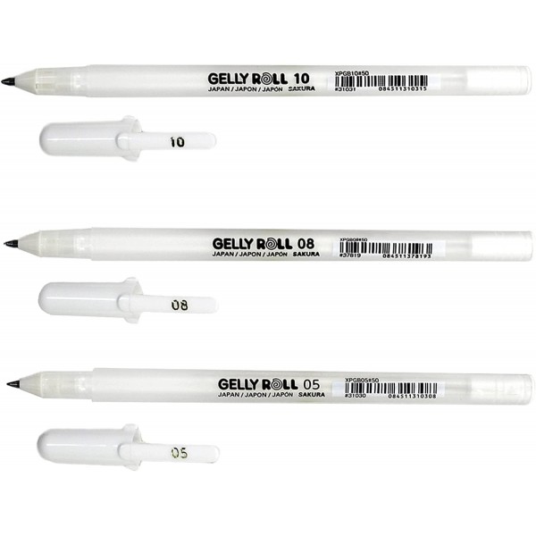 SAKURA Gelly Roll White, Bright White Stifte im Etui, 혼합 크기 05.08.10 Pigma Micron Black 05